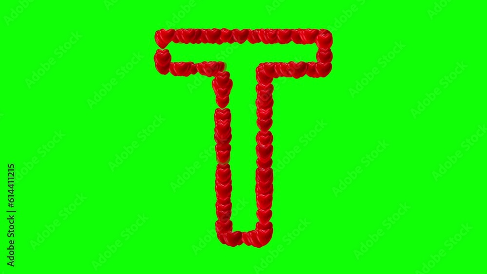 English alphabet T with red hearts on green screen background English alphabet T with red hearts on green screen background