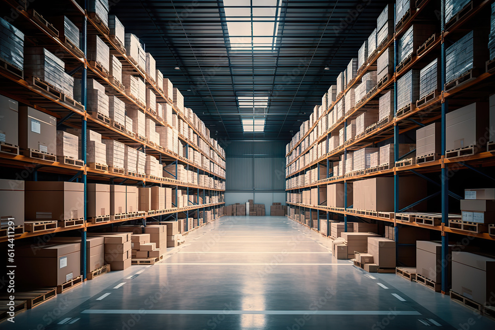 Efficient Warehousing A Spacious Clean Warehouse with Shelves, Cardboard Boxes, and Products. created with Generative AI