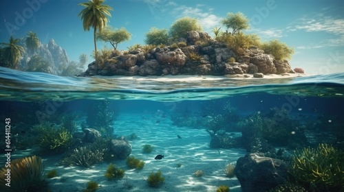 Beautiful marine life, abstract natural background, gorgeous coral garden underwater, tropical island with palm trees forest, beauty of wild nature. generative ai © megavectors
