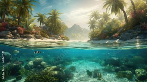 Beautiful marine life  abstract natural background  gorgeous coral garden underwater  tropical island with palm trees forest  beauty of wild nature. generative ai