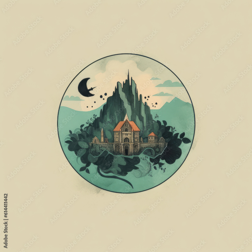 Castle on the shore of the lake. illustration in retro style. Vintage landscape with castle and forest. beautiful island with a castle in the background. generative ai