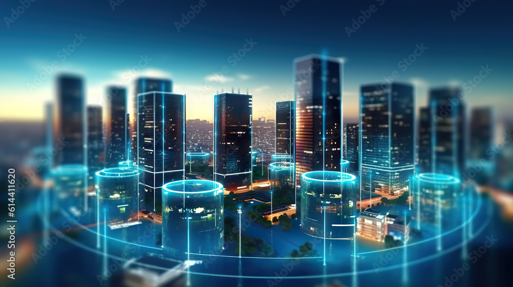 Connected Metropolis Futuristic Smart Night City with Blue Neon Colors and Big Data. created with Generative AI