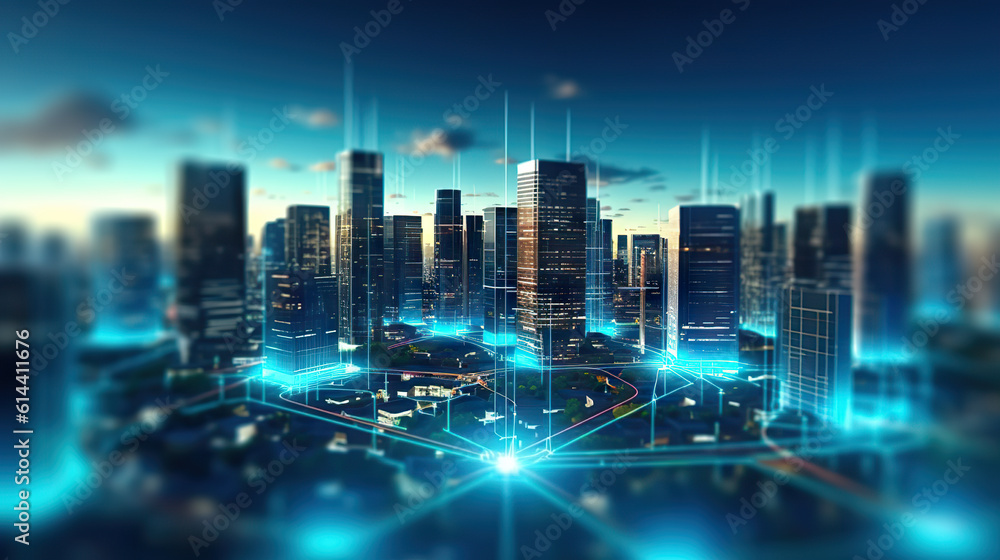 Connected Metropolis Futuristic Smart Night City with Blue Neon Colors and Big Data. created with Generative AI