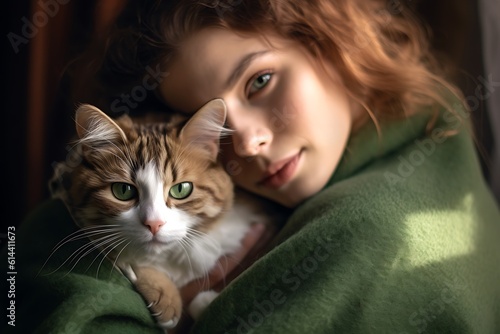 Beautiful young woman with a cat in her arms ai generated