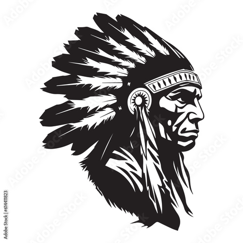 An iconic Native American chief in a black and white vector illustration, capturing the tribal art and rich culture. Feathered headdress, the design represents the ancient warrior heritage. Tattoos
