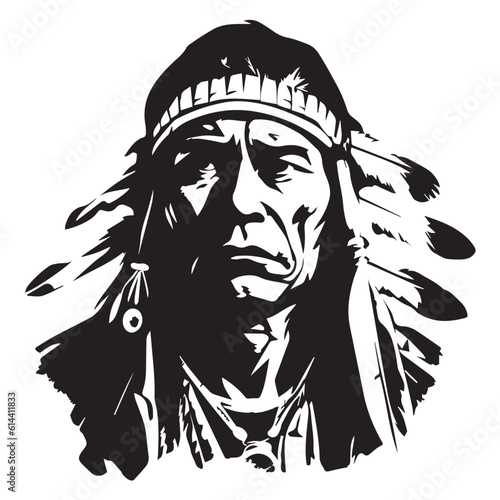 An iconic Native American chief in a black and white vector illustration, capturing the tribal art and rich culture. Feathered headdress, the design represents the ancient warrior heritage. Tattoos