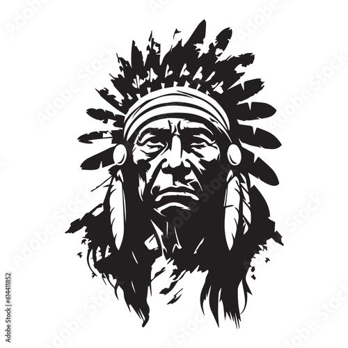 An iconic Native American chief in a black and white vector illustration, capturing the tribal art and rich culture. Feathered headdress, the design represents the ancient warrior heritage. Tattoos