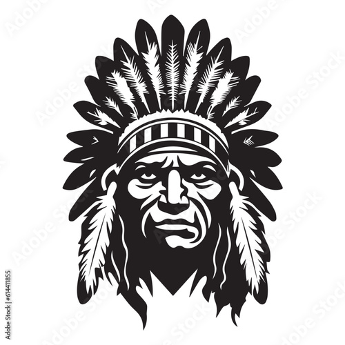 An iconic Native American chief in a black and white vector illustration, capturing the tribal art and rich culture. Feathered headdress, the design represents the ancient warrior heritage. Tattoos