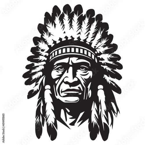 An iconic Native American chief in a black and white vector illustration, capturing the tribal art and rich culture. Feathered headdress, the design represents the ancient warrior heritage. Tattoos