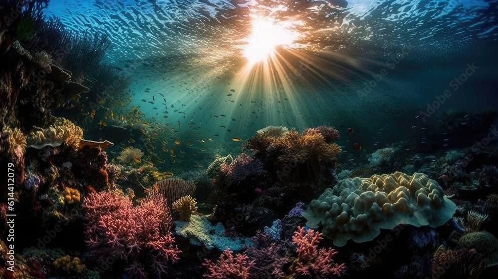 Fototapeta premium Underwater view of tropical coral reef with fishes and corals. Beautiful marine life, abstract natural background, gorgeous coral garden underwater, tropical. beauty of wild nature. generative