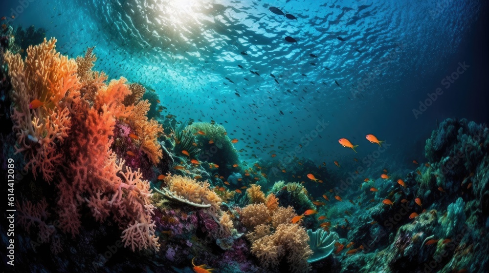 Underwater view of tropical coral reef with fishes and corals. Beautiful marine life, abstract natural background, gorgeous coral garden underwater, tropical. beauty of wild nature. generative