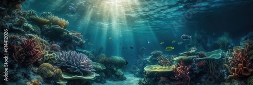 Underwater view of tropical coral reef with fishes and corals. Beautiful marine life, abstract natural background, gorgeous coral garden underwater, tropical. beauty of wild nature.