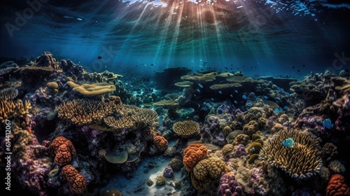 Underwater view of tropical coral reef with fishes and corals. Beautiful marine life  abstract natural background  gorgeous coral garden underwater  tropical. beauty of wild nature. generative