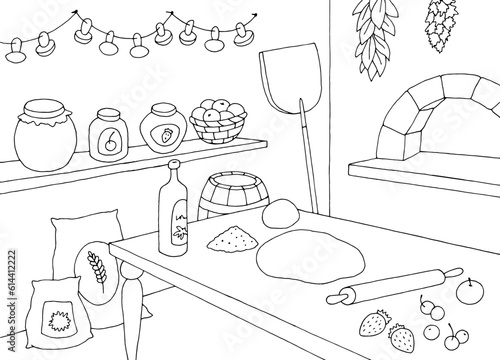 Bakery kitchen interior graphic black white sketch illustration vector