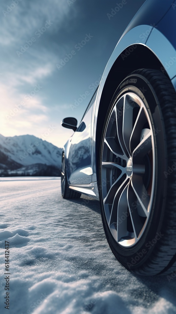 a car on a snowy road. closeup of car wheels. replacement for winter tires. safety in the winter season. travel concept. generative ai.