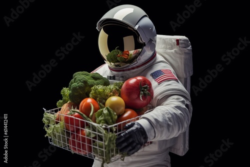astronaut with grocery basket. delivery of future food. Online product selection. Electronic commerce. generative ai.