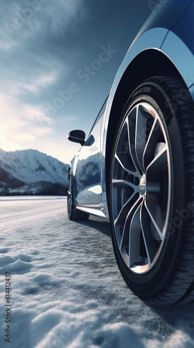 a car on a snowy road. closeup of car wheels. replacement for winter tires. safety in the winter season. travel concept. generative ai.