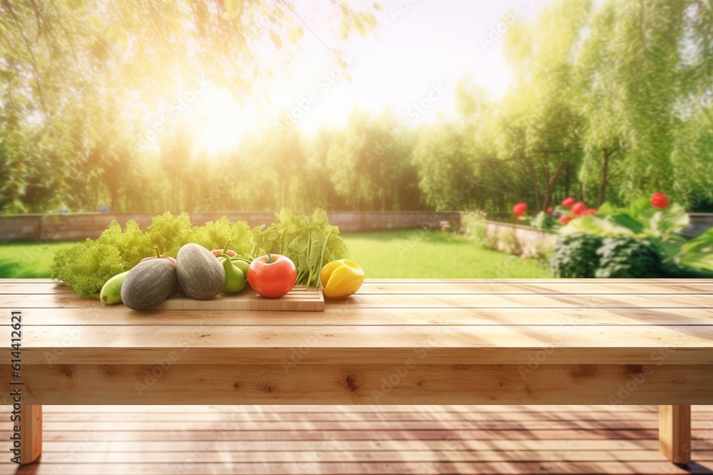 wooden table with vegetables on the background of the garden. Empty wooden table with free space over trees. For product display montage. generative ai.
