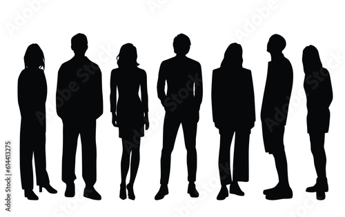 Vector silhouettes of  men and a women, a group of standing  business people, profile, black color isolated on white background
