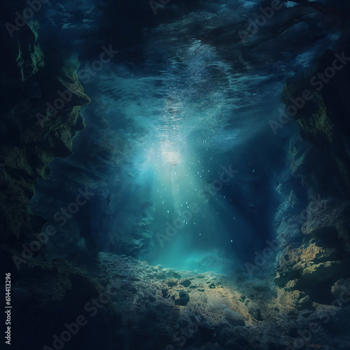 Cave underwater with sunlight. AI Generative