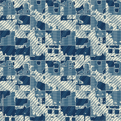 Beige and Tonal Blue Glitch Effect Textured Checked Pattern