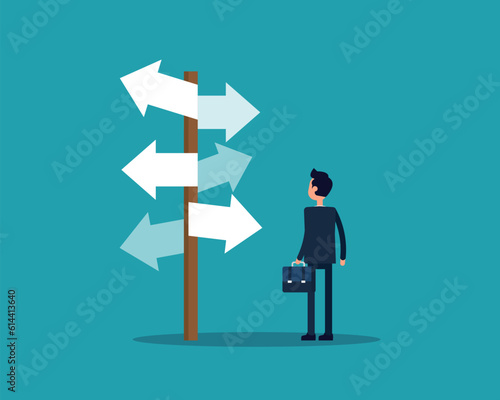 Man looking at complicated street sign. Vector illustration business forked road concept