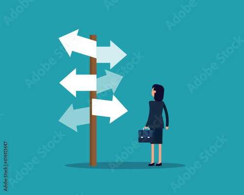 Woman looking at complicated street sign. Vector illustration business forked road concept