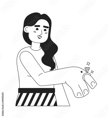 Young latina woman showing engagement ring monochromatic flat vector character. Future wife proposal. Editable thin line full body person on white. Simple bw cartoon spot image for web graphic design