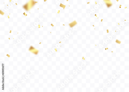 Confetti background. Gold paper pieces and serpentine. Vector party background