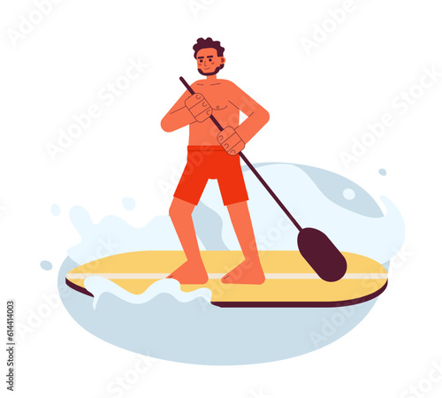 Indian man paddleboarding on lake flat vector spot illustration. Guy in swimwear standing up paddle board 2D cartoon character on white for web UI design. Sport isolated editable creative hero image