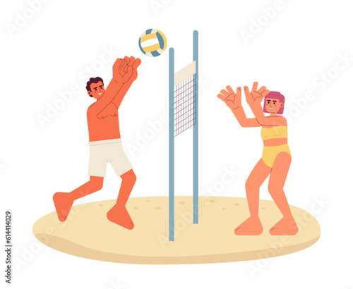 Beach volleyball flat vector spot illustration. Man and woman in swimsuit playing with ball over net 2D cartoon characters on white for web UI design. Summer game isolated editable creative hero image