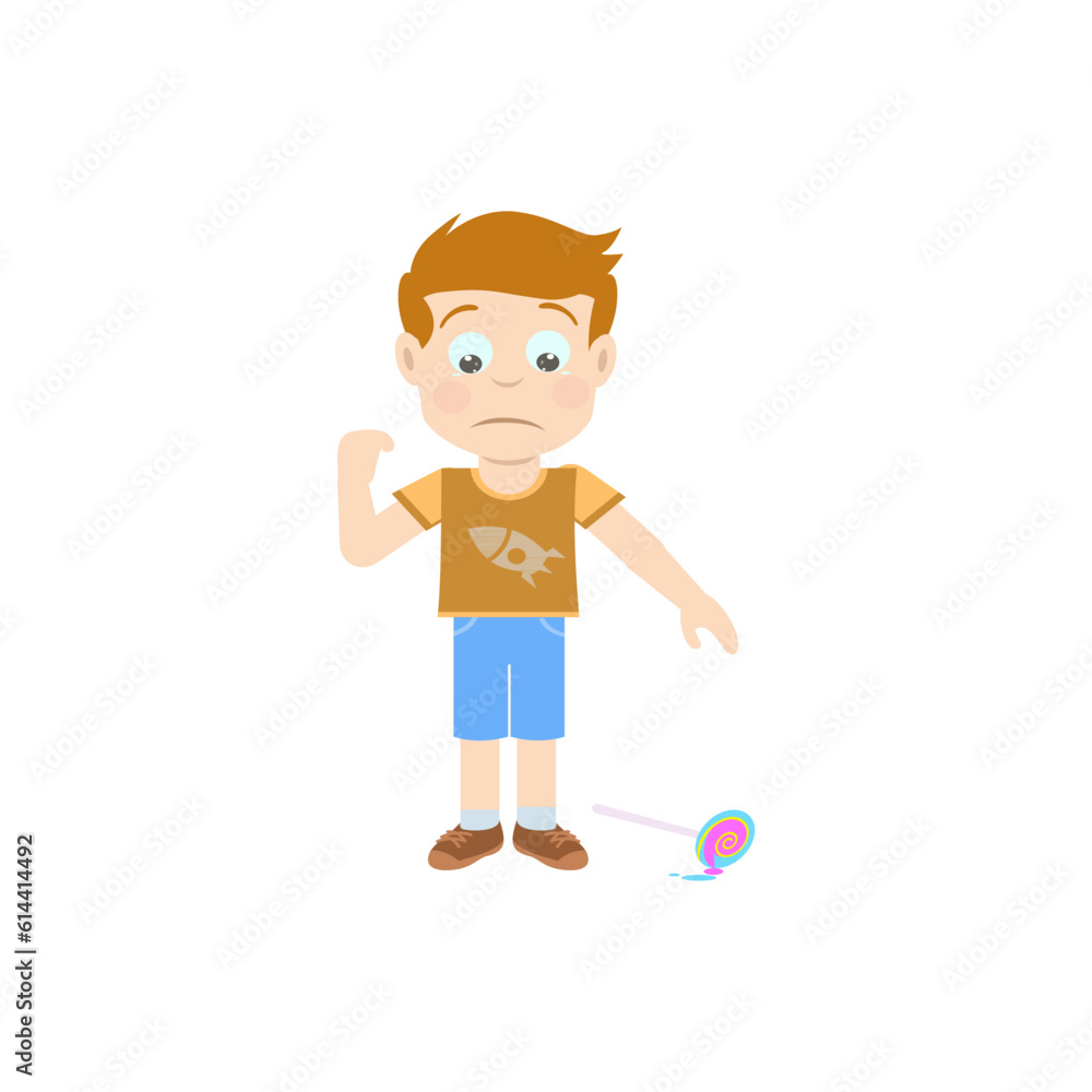 Cartoon Boy who is sad his candy fell