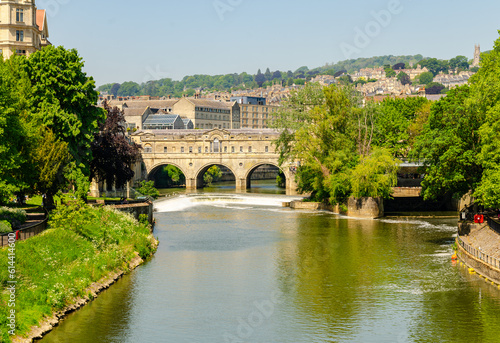 Historic town Bath, UK showing Pulteney Bridge and the River Avon in the afternoon.