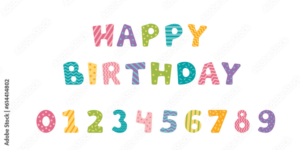 Happy Birthday lettering and numbers. Isolated on white background. Colorful decorative design elements. Vector stock illustration.