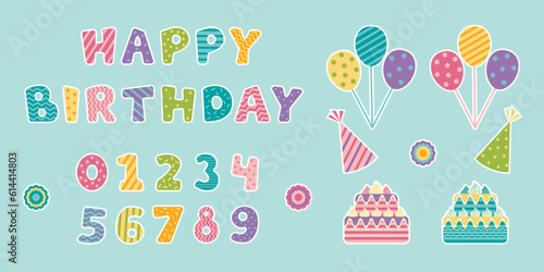 Happy birthday sticker set. Letters and numbers, balloons and cake. Collection of elements for design. Vector stock illustration.
