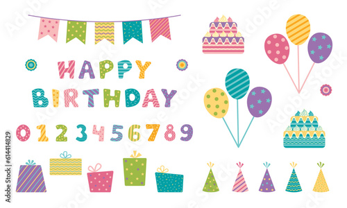 Set of elements for happy birthday design. Isolated collection on white background. Lettering and numbers, balloons and gift box, cake. Vector stock illustration.