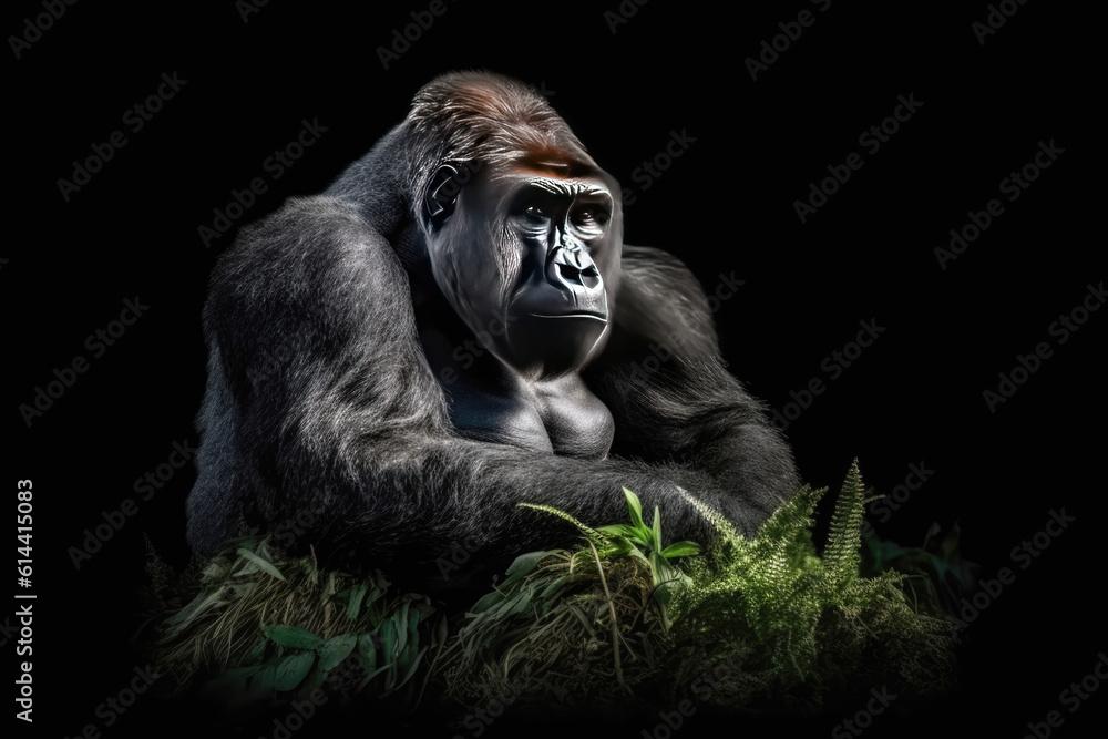 Gorilla set against a striking black background. Strength and intensity are embodied in these incredible primates Gorilla set against a striking black background. Strength and intensity are embodied in these incredible primates