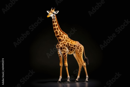 Majestic giraffe on black background  emphasizing its elegance and grace.Towering height  graceful movements  and unique patterns.