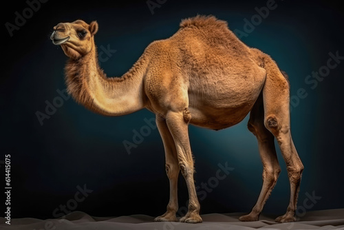 Dromedary camel stands tall, embodying the spirit of the desert. The resilience and grace of the camel, a symbol of survival in harsh environments. 