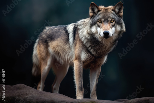 Gray wolf in its natural habitat. Graceful majesty of the wolf, with its piercing gaze and powerful presence. Magnificent creature depicts harmony between strength and elegance.