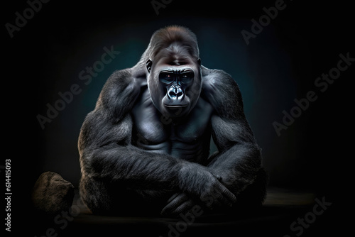 Awe-inspiring presence of a majestic gorilla set against a striking black background, the gorilla's strength and intensity