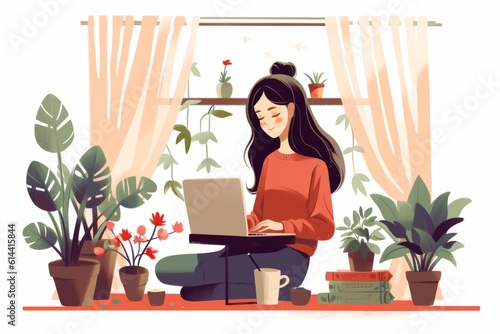 Illustration of a woman using her laptop at a desk surrounded by lots of lush green pot plants - created with Generative AI technology