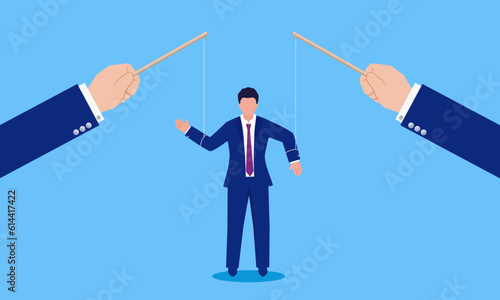 Puppet, manipulating a business man with both hands. Conceptual illustration of manipulating the market.