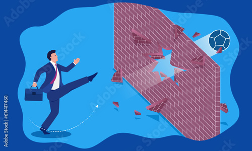 Break down barriers. A business man kicks a ball through a wall. Conceptual illustration of breaking barriers to increase productivity.