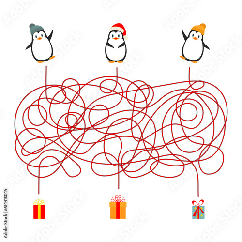 Christmas children's game maze maze or quiz for winter holidays, vector worksheet. Cartoon penguin animals in winter hats to find the way to Christmas gifts in a puzzle game.