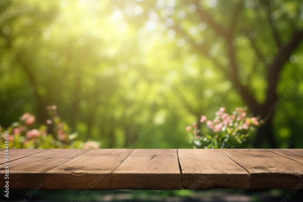 The empty rustic wooden table against the background of a spring forest The empty rustic wooden table against the background of a spring forest