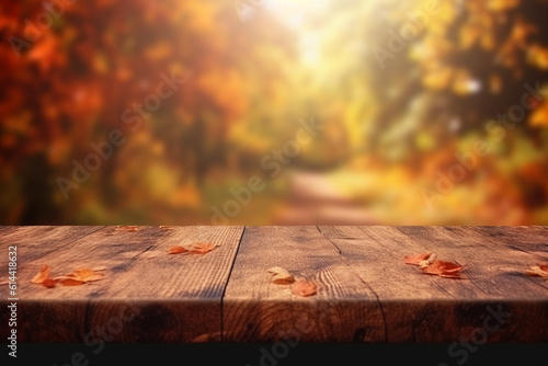 The empty rustic wooden table against the background of an autumn forest