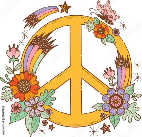 Peace sign, symbol of love power in 70s and 60s. Retro icon of hippie sign with flowers, butterfly, star and rainbow in boho style, vector sketch illustration. Abstract floral print of peace symbol