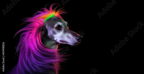 Neon light Saluki dog as a punk with bright mohawk. Banner on black background  with copy space. AI generative.