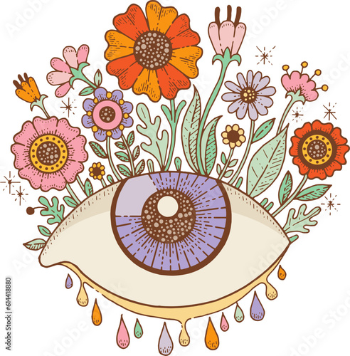 Psychedelic eye retro groovy illustration with flowers, drops. Trippy sticker with doodle surreal clipart of melting eye with flowers, vector hand drawn illustration. Mystic occolt illuminati symbol
